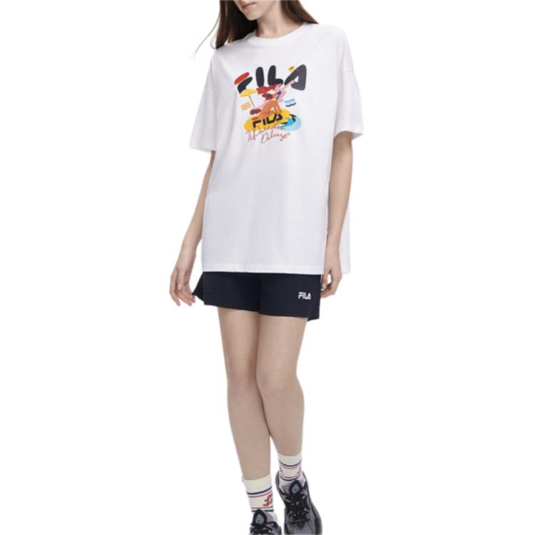 Fila American Vintage Illustration Print Crew Neck Casual Short Sleeve Drop Shoulder T-Shirt Women T-Shirt White F11W329107F-WT