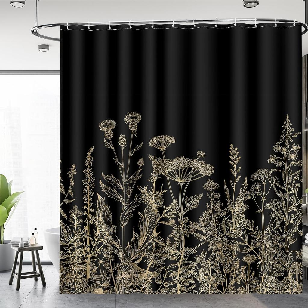 Aimego Spring Floral Shower Curtain- Black and Gold Plant Leaves Wildflower Nature Botanical Flower Fabric Cloth Bath Shower Cur