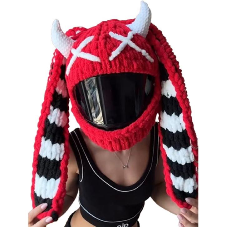 Rabbit Ear Cute Full Face Motorcycle Helmet Cover Cartoon Plush Fluffy Funny Protection Decoration Cap for Fun Ride and Gift