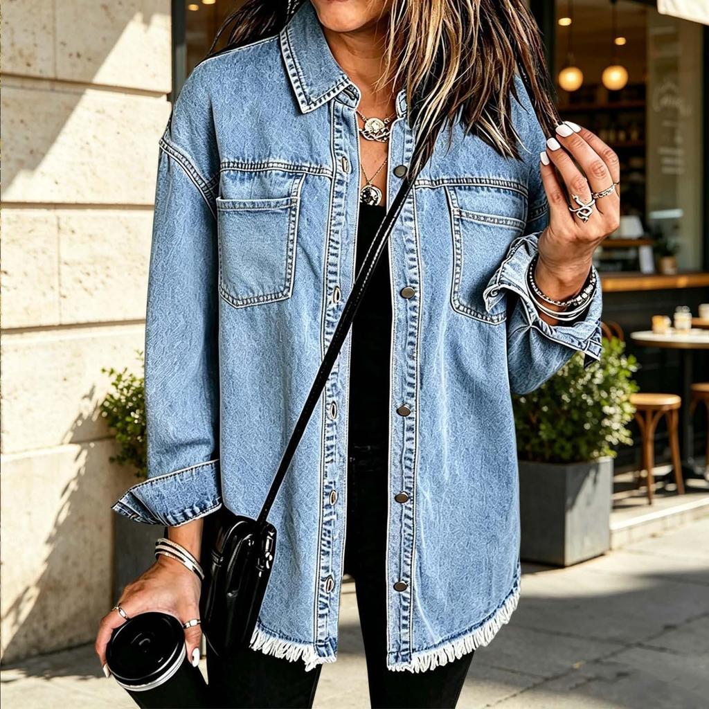 Women's Retro Denim Jacket Long Sleeve Button Up Lapel Collar Double Pocket Casual Coat