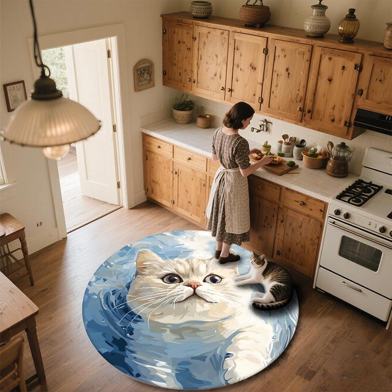 Water Ripple Cat,Round Area Rug,Carpet Rug for Living Room Bedroom Sofa Playroom Decor,Non-slip Floor Mat