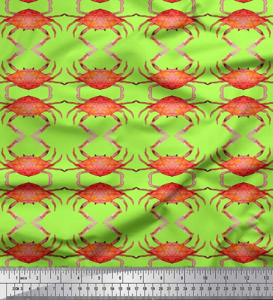 Soimoi Beige Japan Crepe Satin Fabric Crabs Ocean Print Fabric by the metre 42 Inch