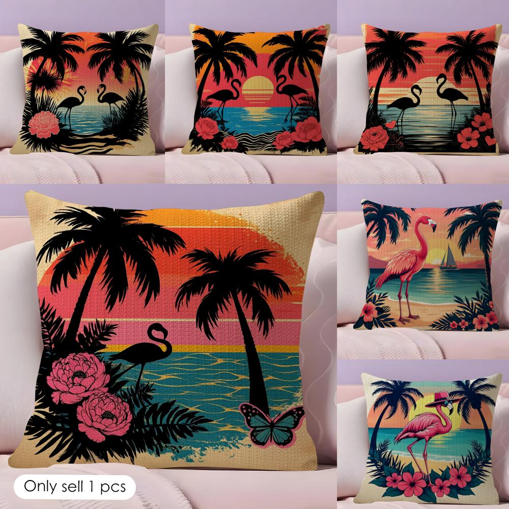 Tropical Palm Flamingo Cushion Cover Natural Linen Organic Fabric DoubleSided Printing Couch Pillow Covers Home Decor