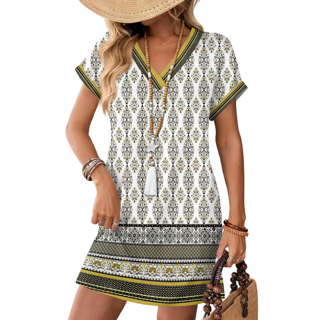Women's Fashion Print V-Neck Short Sleeve Pocket Casual Pullover Dress