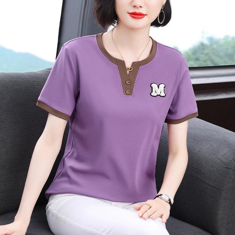 Half-open Collar Mother Top Summer New Short-sleeved Women's T-shirt Feel Niche Large Size Loose Slim Shirt