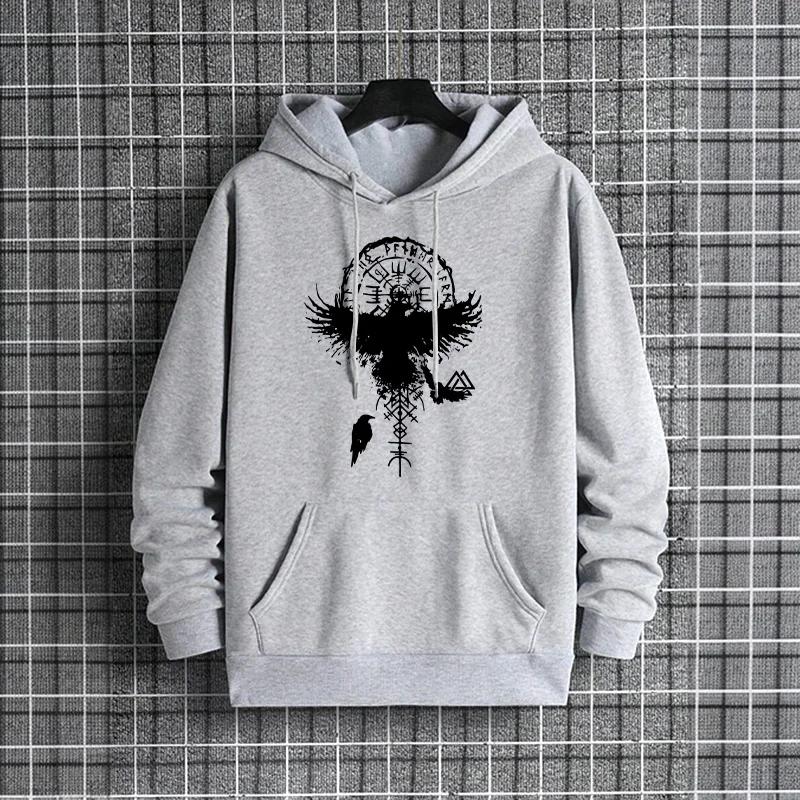 Raven Print Man Fashion Hoodie 2025 New Urban Streetwear Hooded Sweatshirt Male Trendy Hip Hop Style Autumn Winter Casual Hoody