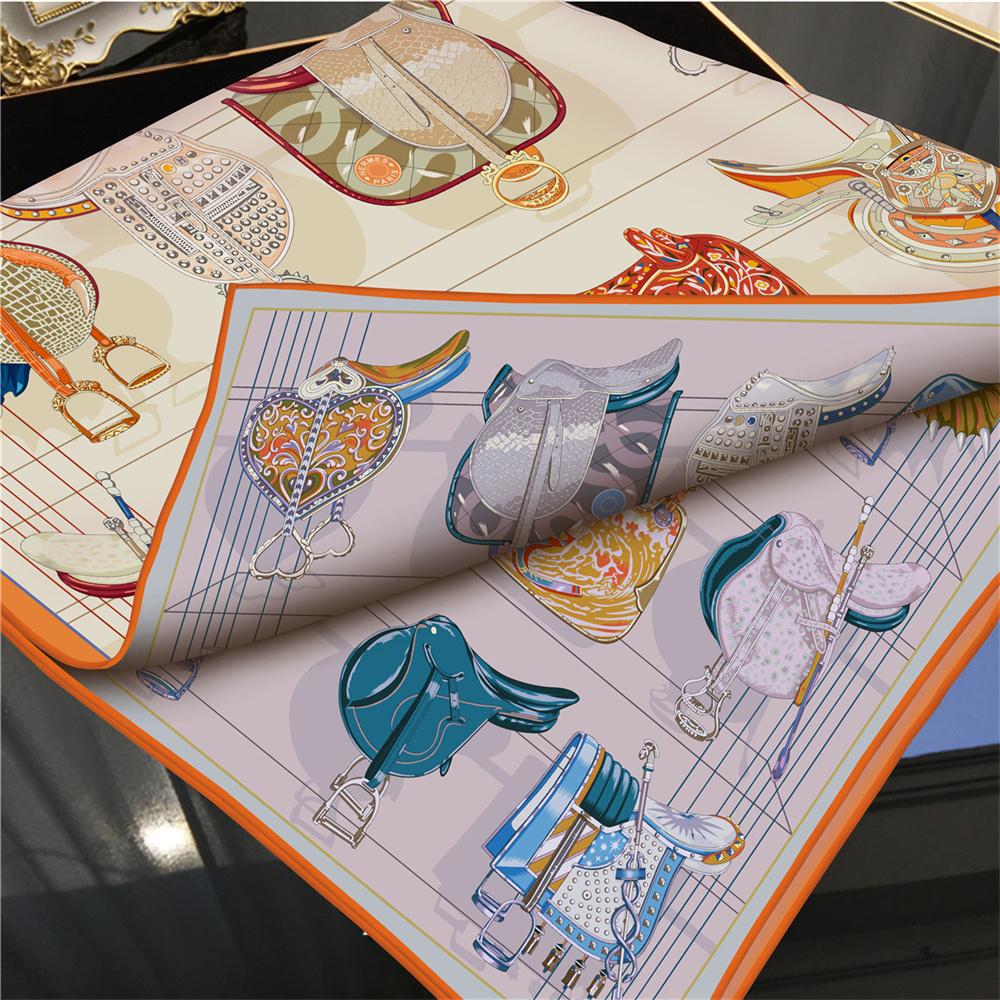 POBING Curled Twill Silk Scarf Women Saddle World Double Side Printed Square Scarves Wraps Echarpes Foulards Femme Hijab 90CM