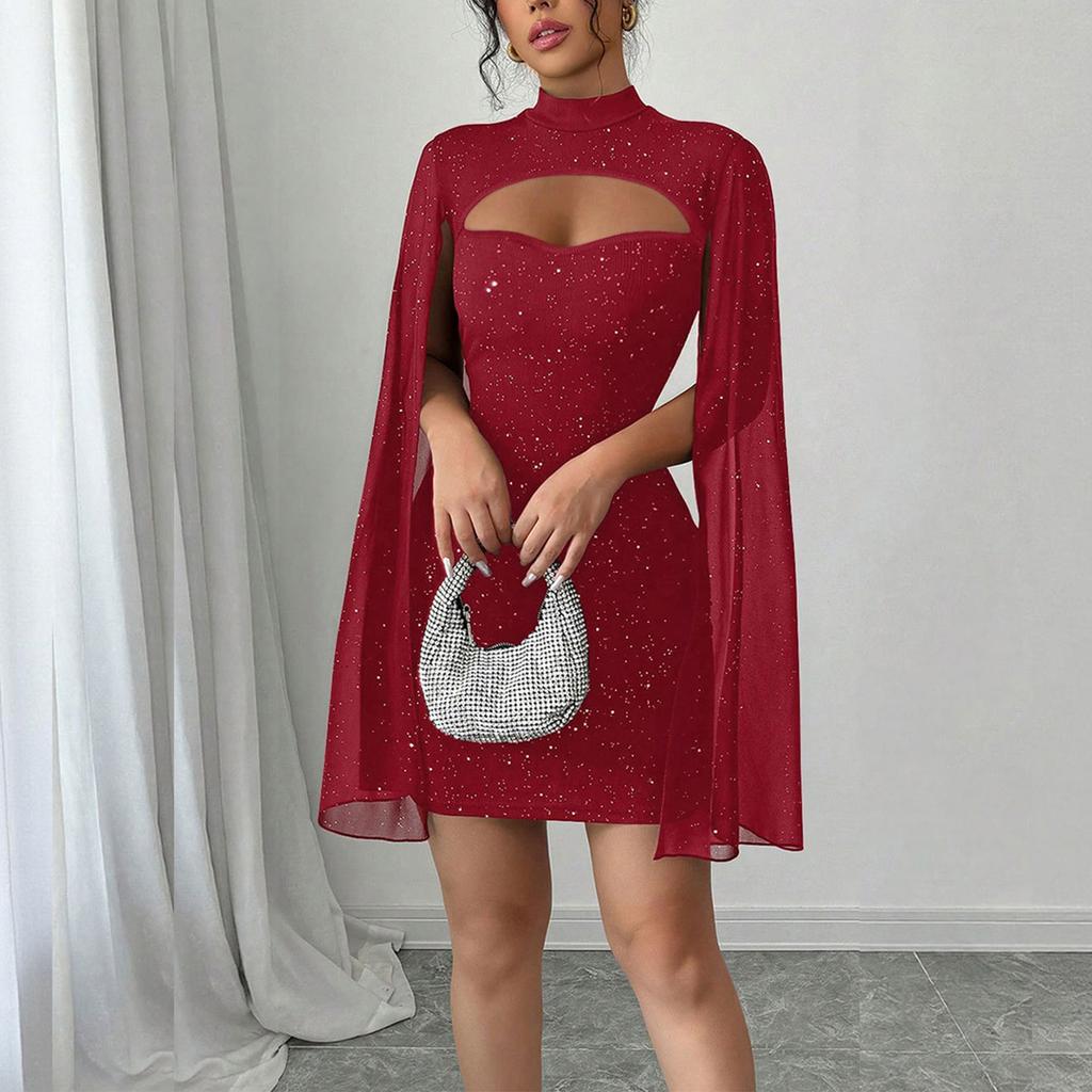 Womens Summer Round Neck Ribbed Pearl Chiffon Cape Bodycon Dress Elegant Slim Fit Mini Dress