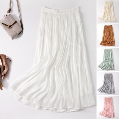 Women Maxi Skirt Elastic Waistband Mid-rise Long Skirt Solid Color Ice Silk A-Line Pleated Skirt Party