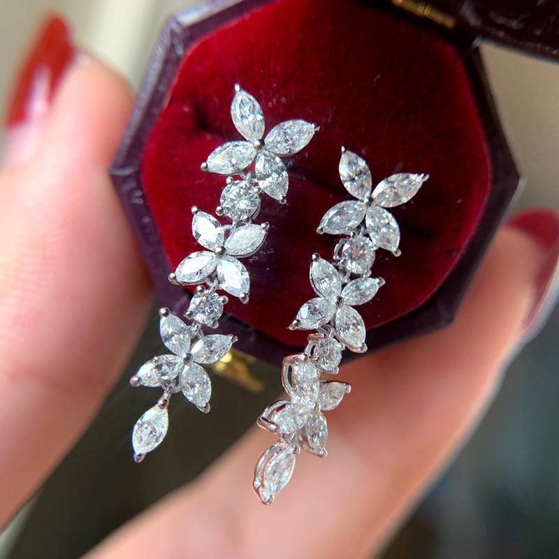 Vertical Marquise Flower Cluster Long Drop Earrings Multi Floral Tiered Dangling Ear Rings for Women Wedding Evening Jewelry