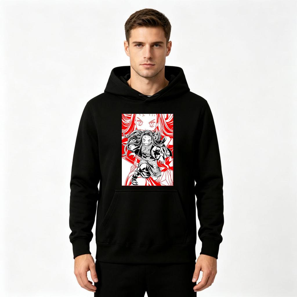 Men's Anime Nezuko Print Pullover Hoodie Casual Long Sleeve Sweatshirt for Daily Wear