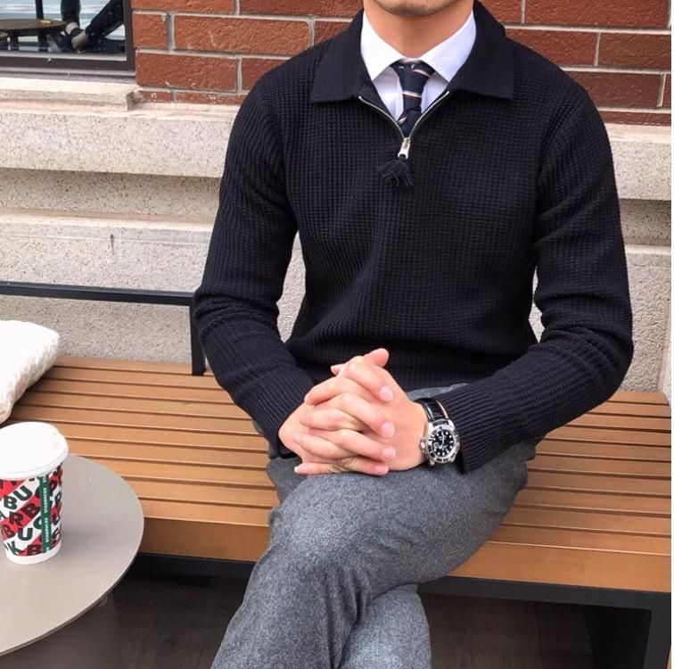 Men's British Style Slim Fit Half-Zip Pullover Sweater - High Neck, Lightly Mature, Gentlemanly Simple Knitwear for Spring and Autumn.