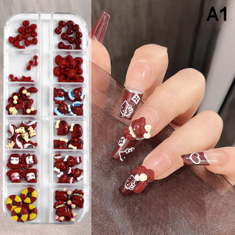 12 Bölmeli/Kutu Mini Fiyonk Tırnak Sanatı Süsleri 3D Sevimli Şeker Rengi Tırnak Takıları Tasarımları Kendin Yap Reçine Tırnak Aksesuarları