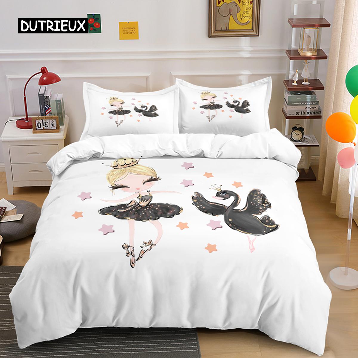 

Swans Pattern Quilt Cover with Ballerina Girls Duvet Cover Set King Size Princess Comforter Cover Set Microfiber Girl Dancing Tool EU single(135x200cm)