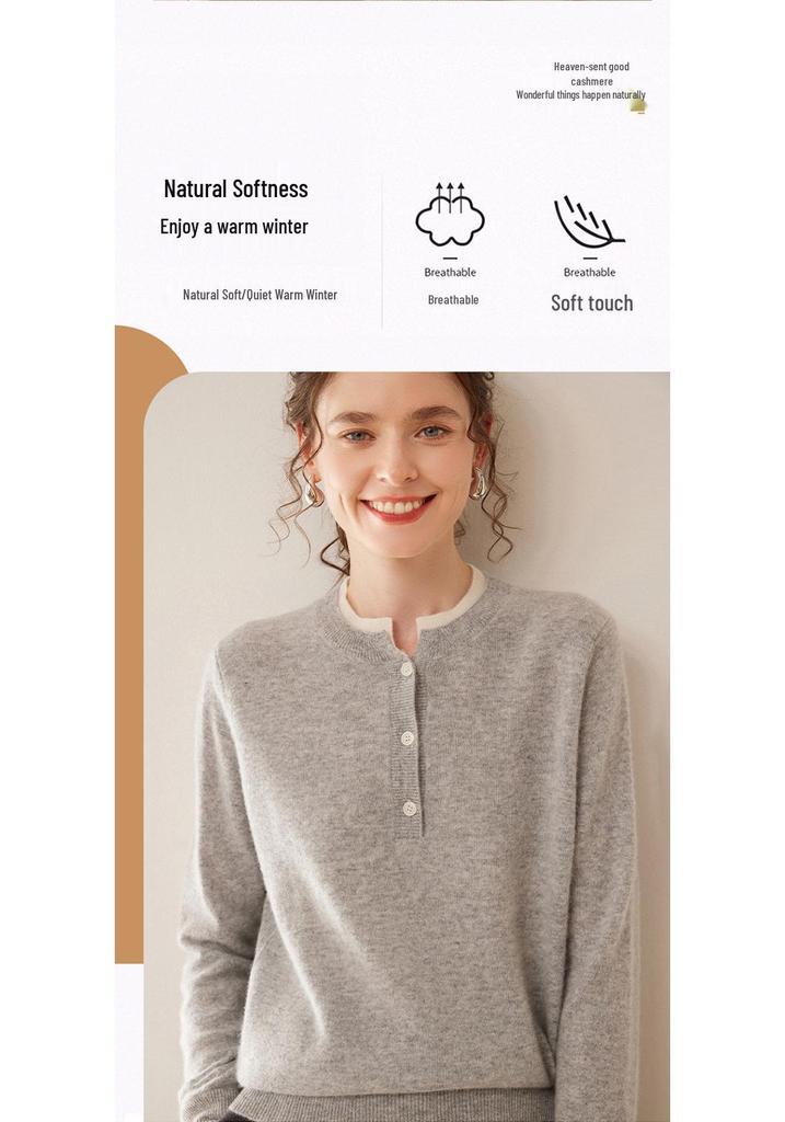 Women's Color Block Cashmere Sweater - Round Neck, Buttoned, Loose Fit, Long Sleeve Contrasting Knit for Autumn/Winter.