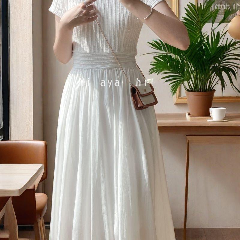 

Elegant Slim-fit Round Neck Patchwork Dress for Women - Waist-cinching Solid White, Gentle Style, Summer Long Dress 2XL, 150-180 lbs