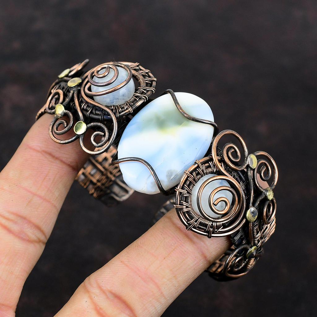 Owyhee Blue Opal Cuff Bracelet Rainbow Moonstone Bangle Copper Wire Wrapped Cuff Bracelet Handmade Adjustable Bangle Gemstone Copper Jewelry