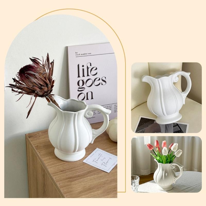 Stylish Nordic Minimalists Jugs Vases With Handle White Ceramic Flower Arrangement Pitcher Vases For Wedding Centerpieces