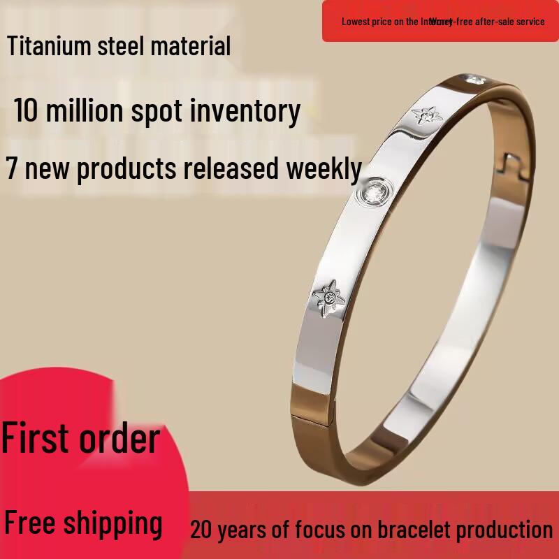 Titanium Steel Rhinestone Open Bangle with Eight-pointed Star Design - Fade-resistant Women's Bracelet