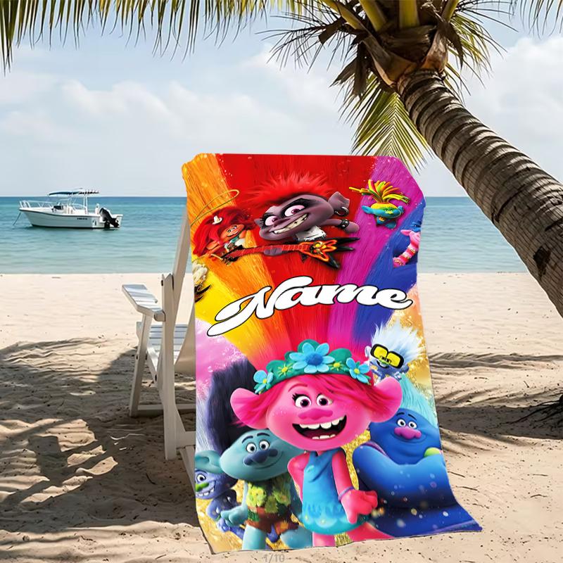 Customizable personalized beach towels Trolls themed designs.Suitable for the beach, yoga, sports;ideal as beach accessories