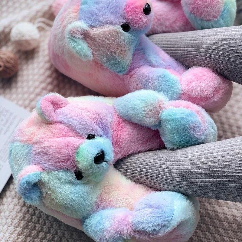

Cute Teddy Bear Plush Winter Slippers wrapped Heel Funny Indoor Floor Shoes Women Gift warm Soft Cartoon Fluffy Animal Slippers 36 пастельних тонів синього кольору