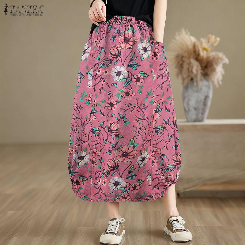 ZANZEA Women Casual Elastic Waist Loose Floral Print Midi Skirts