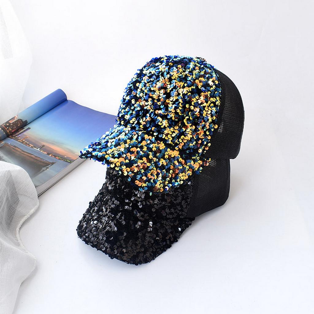 Fashion Ladies Full Sequin Decor Trucker Cap, Shiny Mesh Back Peaked Hat, Adjustable Sun Protection Baseball Hat for Outdoor Vacation