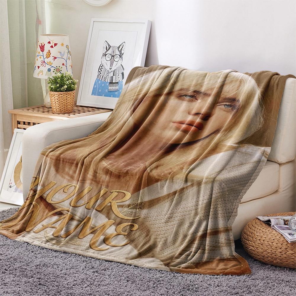 1PC Custom Name Billie Eilish Patterned Flannel Blanket Suitable For All Seasons for Home Decor Warmth and Comfort Gifts Holiday Present_xia