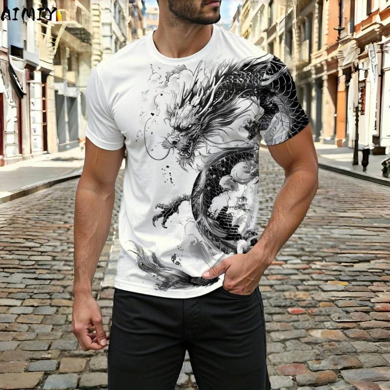 Dragon Print Men s T-shirt Summer Daily Casual Men s Street T-shirt Outdoor Sports Short Sleeve Urban Fashion Men s T-shirt S