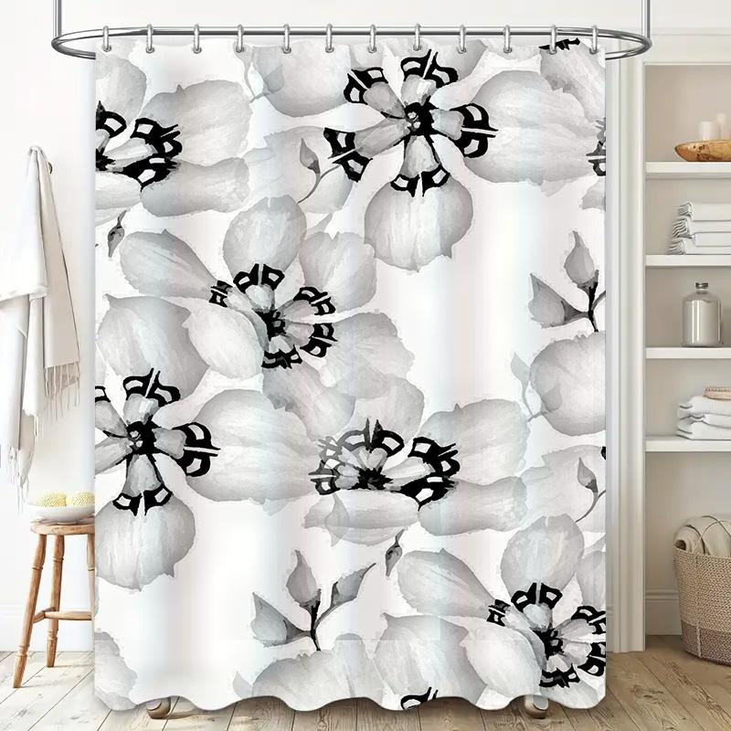 Modern White Flower Printed Shower Curtain Waterproof Fabric Bathroom Decor for Home Decoration