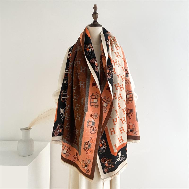 Retro carriage warm shawl fashion letter imitation cashmere double-sided decorative scarf autumn and winter with thickened scarf