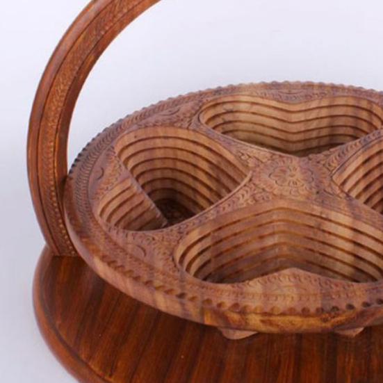 Wood Fruit Basket with Heart-Shaped Partition Hand-Carved Decorative Serving Tray for Fruits Nuts Snacks Multifunctional Home Decor
