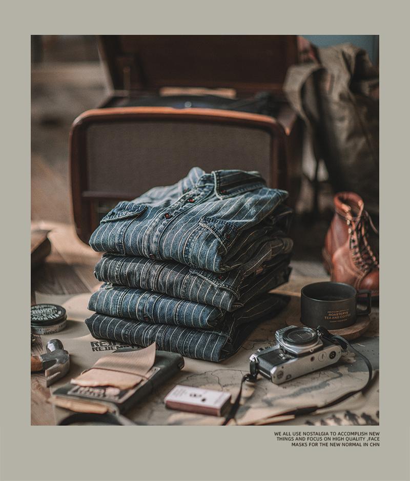 Herren Distressed Khaki Gestreiftes Denim Workwear Hemd