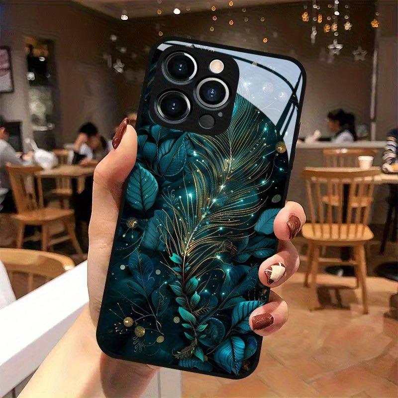 Peacock feather pattern tempered glass phone case suitable for iPhone 17 16 15 14 13 12 11 Pro/Max/Plus anti drop and shockproof