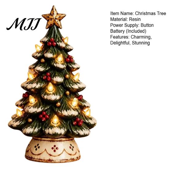 Decorative Resin Crafts Lighted Christmas Tree Decoration, Tabletop Xmas with Warm LED Nostalgic Winter Ornaments Lights, Battery Operated Holiday