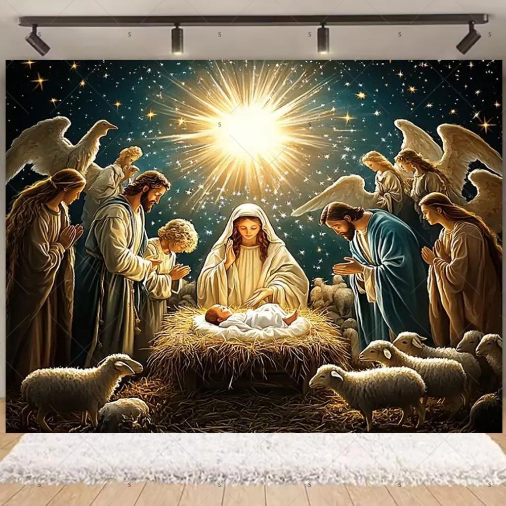 Nativity Scene Background Banner Starry Night Traditional Christmas Religious Jesus Backdrop Supplies Christmas Party Decoration