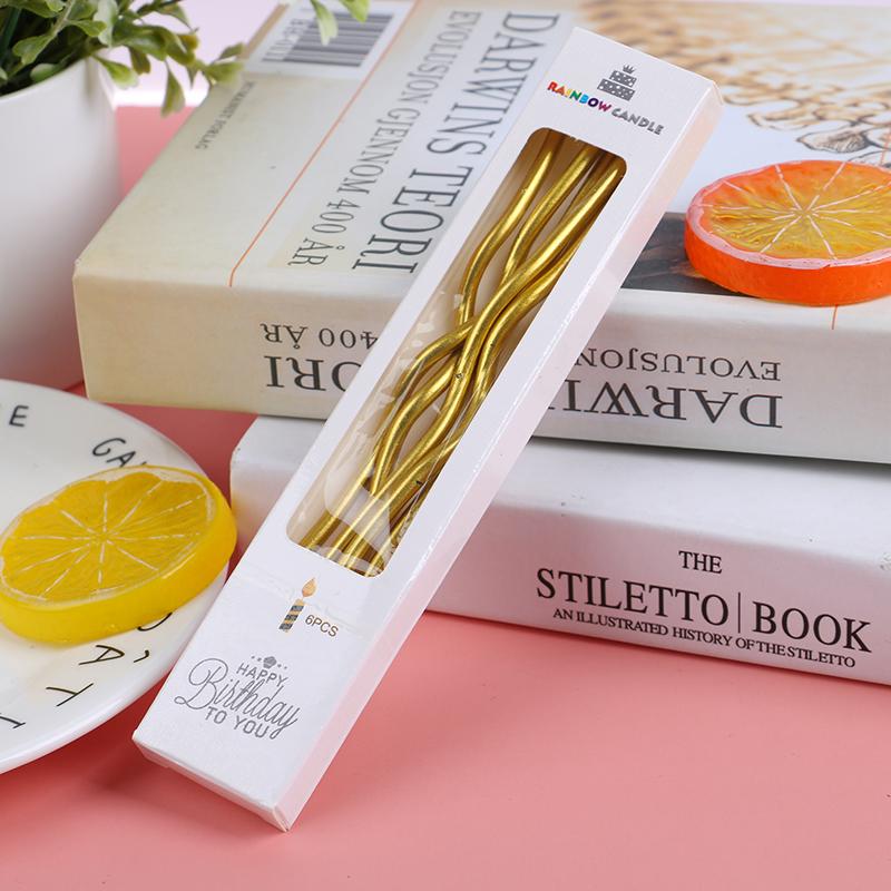 

6шт/кор. резьбовая свеча для торта, длинный изогнутый торт, безопасное пламя, декор для торта на день рождения золотой