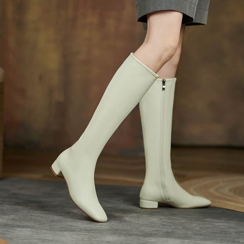 Krazing Pot Cuir Fendu Vache Automne Hiver Chaussures Talons Bas Bottes d'Équitation Bout Carré Garder au Chaud Fermeture Éclair Bottes Cuisse