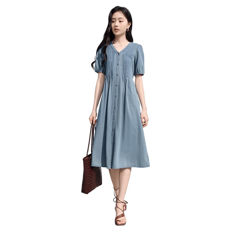 Xiangying Women s French Style Denim Midi Dress S