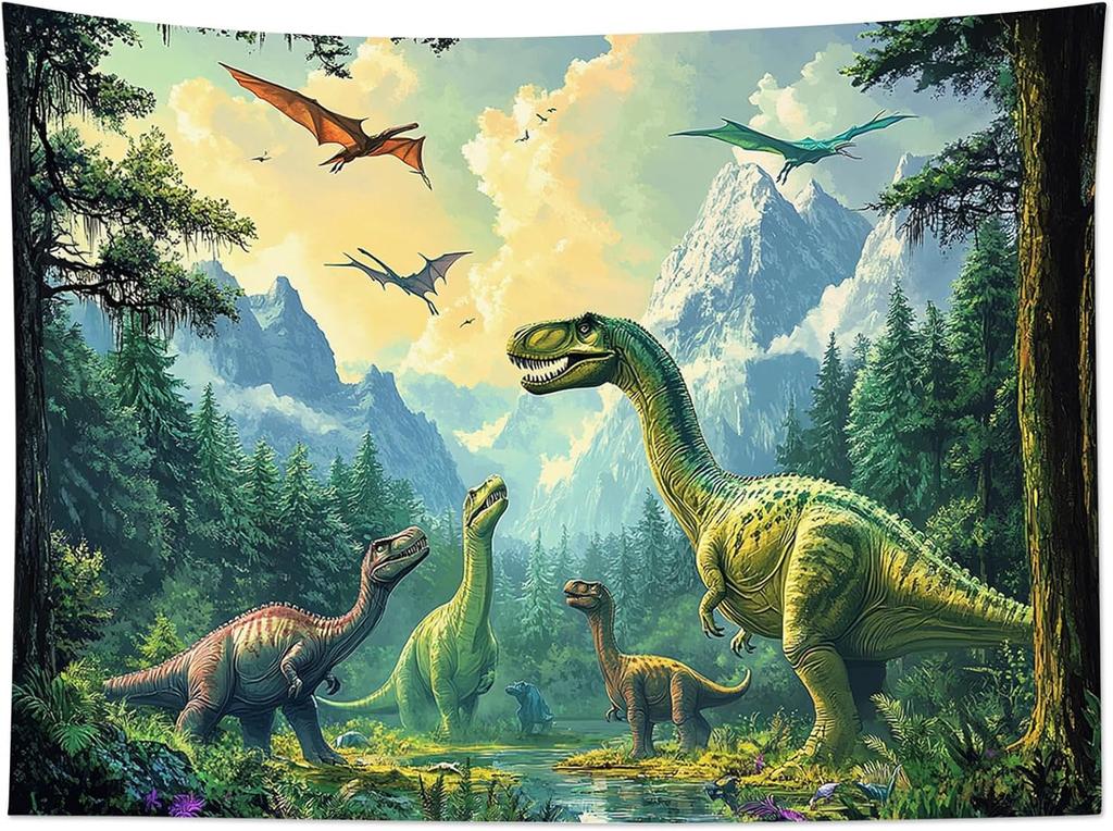 Dinosaur Tapestry for Bedroom, Ancient Wild Animal Dinosaur In Green Forest Tapestry Wall Hanging Mountain Nature Landscap