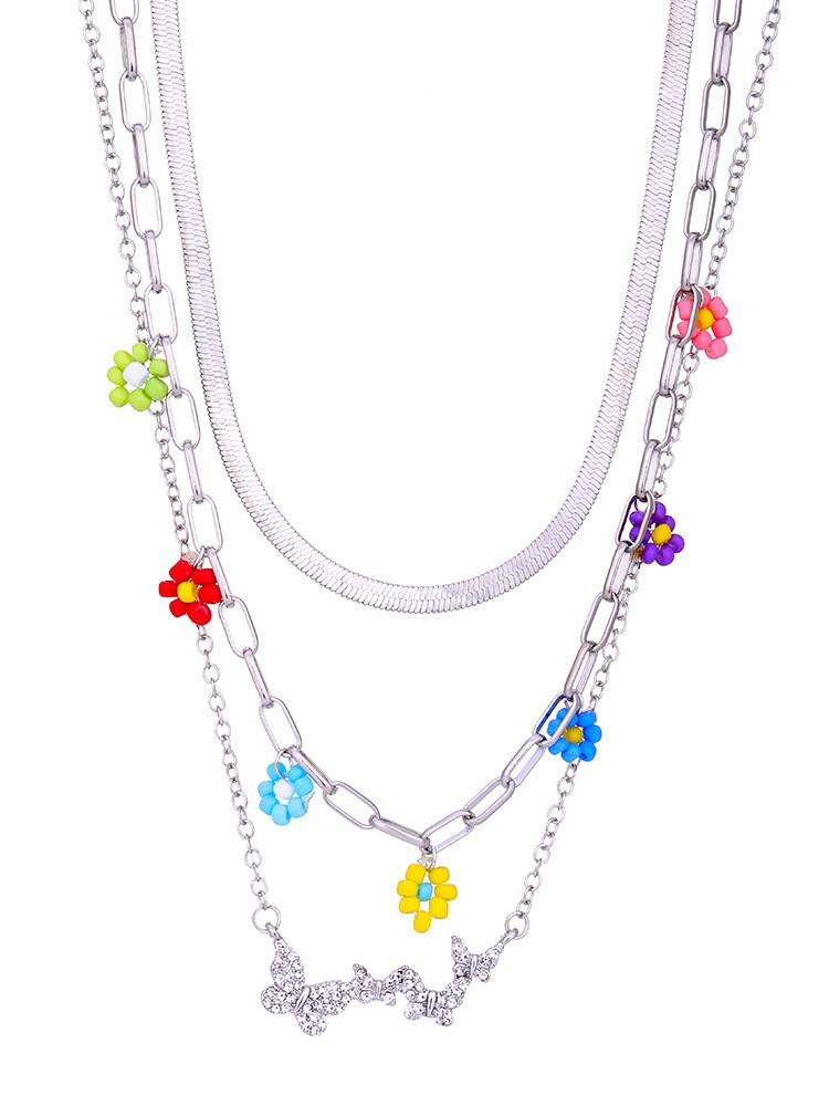 Elegant Silver Multi-layer Beaded Necklace With Unique Butterfly Pendant For Women