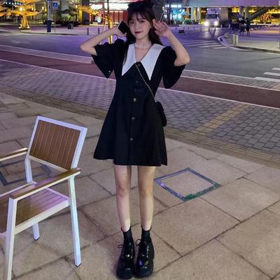 Plus Size Women's Black Doll Collar Waist-Cinched Hepburn Style Summer Dress