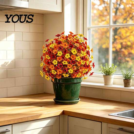 Long Lasting Faux Flowers for Home Fall Artificial Topiary Ball Flowers, Mums Plants Tree, UV Resistant Outdoor with Vibrant Floral Decor Spike, Fake