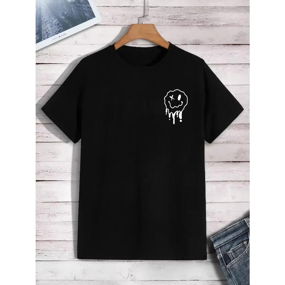 The T-shirt with a fun smiling face printed on it is melting, men's fashionable oversized T-shirt, summer cotton clothing, loose