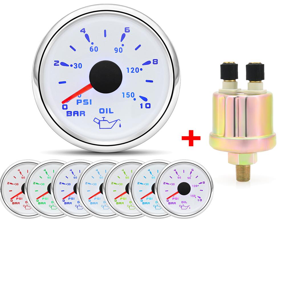 Digital Pointer Oil Pressure Gauge 7 Color Oil Pressure Meter Indicator with 0-10Bar Oil Pressure Sensor for Marine Yacht Boat