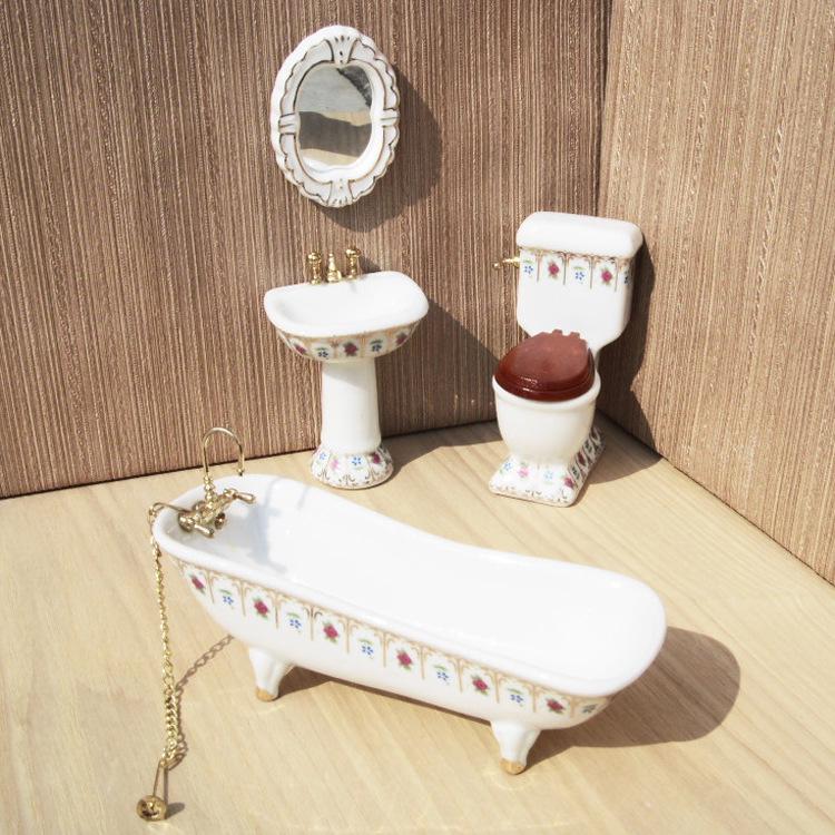 1:12 Scale Miniature Ceramic Bathroom Set - 4-Piece Dollhouse Fixtures