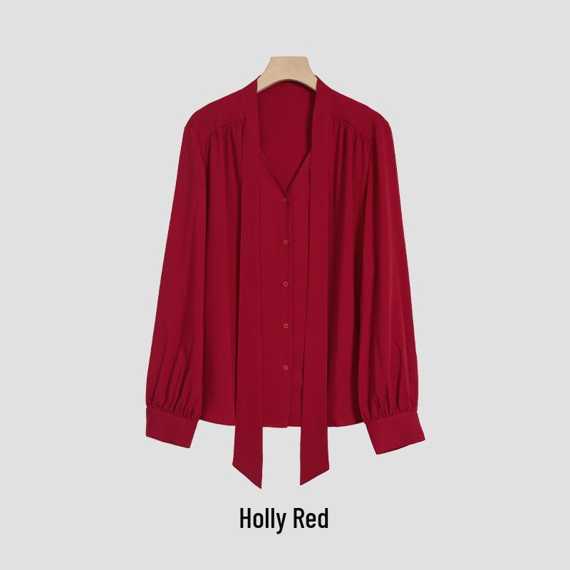 Rong Tai Women's Elegant French Ribbon Long Sleeve V-Neck Chic Shirt - Spring 2026 Collection