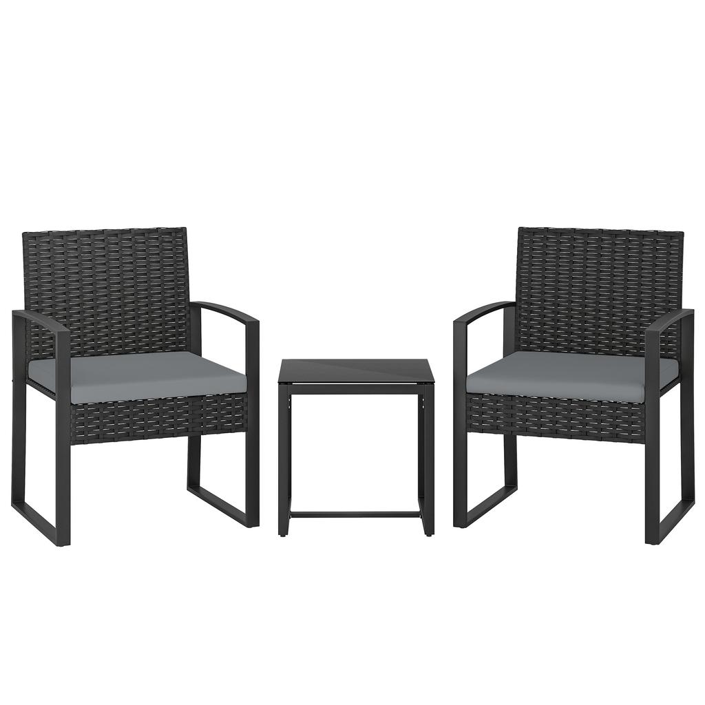 Rattan Bistro Set, 3 Piece Garden Furniture Set with Glass Top Table and Cushions, Light Grey