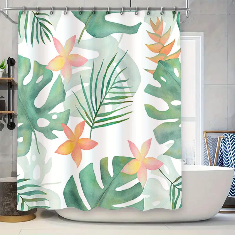 

Green Tropical Leaf Shower Curtain Waterproof Bathroom Decor Set Pink Flower Patterned Fabric Shower Cather With Rings Customiza W60H190(CM)-1 Pcs