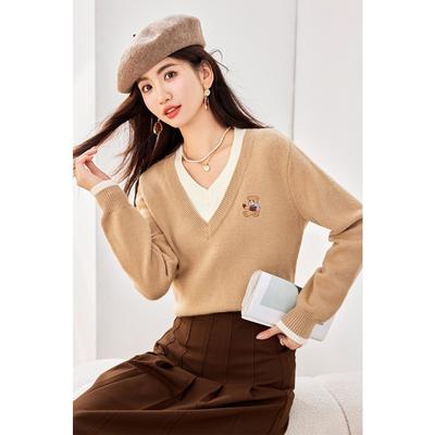 Stylish V-neck Knit Sweater with Two-Wear Design for Women, Suitable for Autumn and Spring